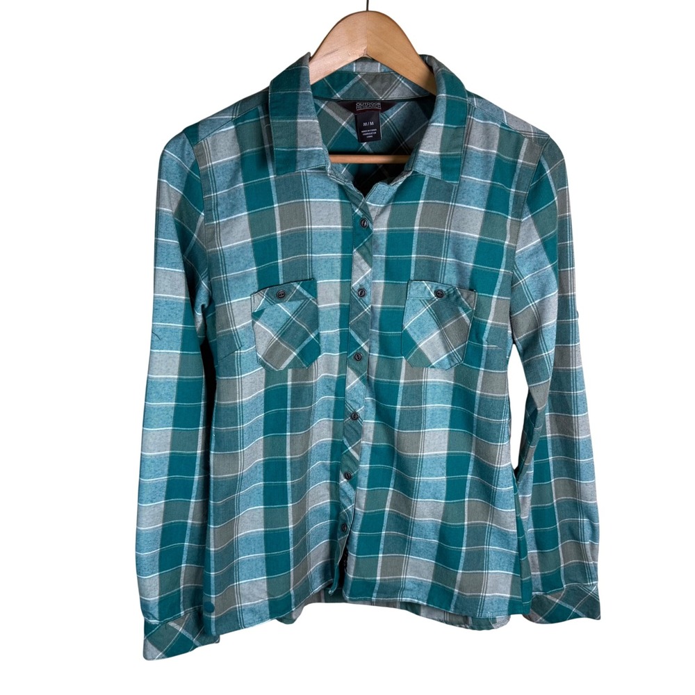 Outdoor Research Flannel Shirt Womens Med Teal Plaid Wool Blend Gorpcore Hiking